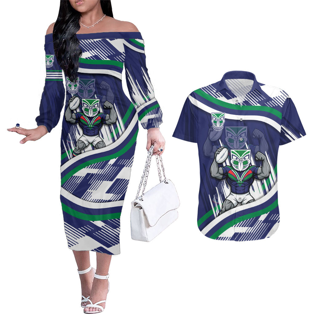 New Zealand Warriors Rugby Mascot Couples Matching Off The Shoulder Long Sleeve Dress and Hawaiian Shirt Fierce Athlete Graphic in Sports Style