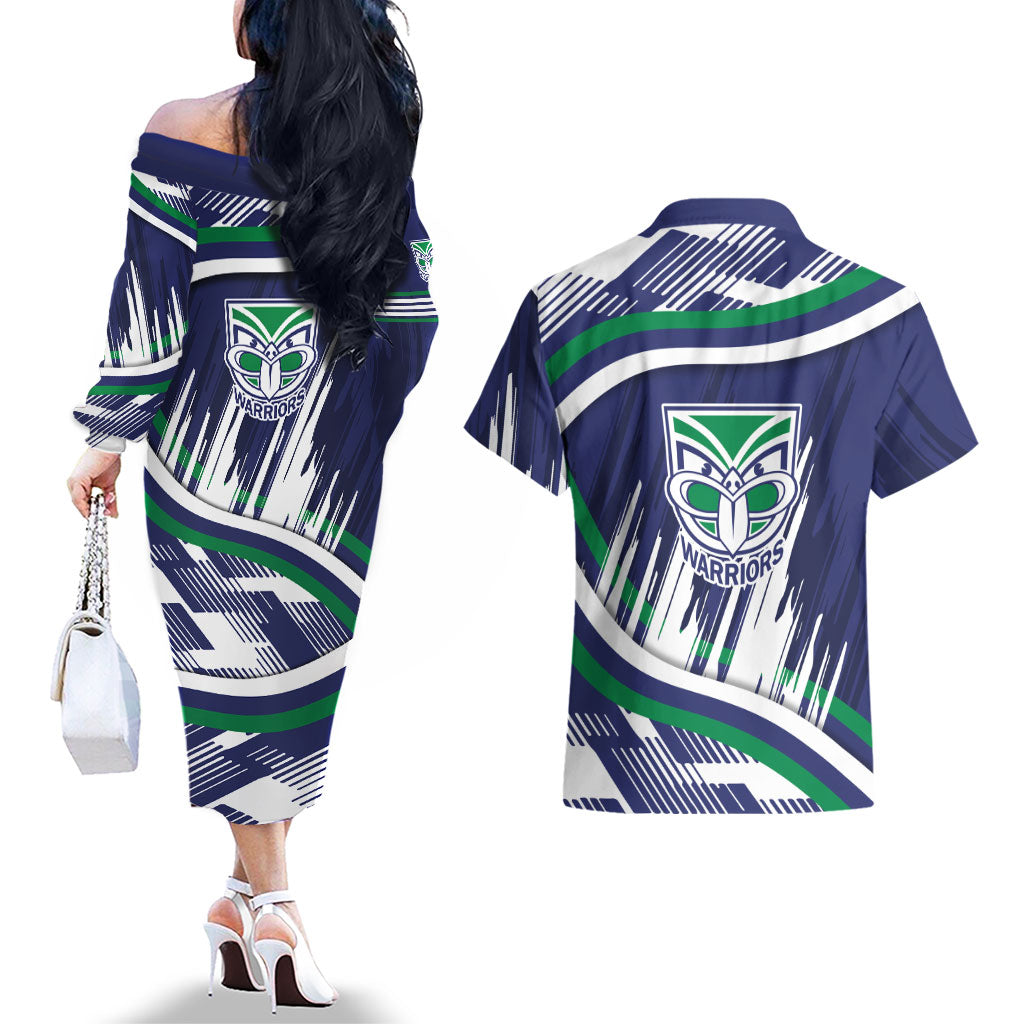 New Zealand Warriors Rugby Mascot Couples Matching Off The Shoulder Long Sleeve Dress and Hawaiian Shirt Fierce Athlete Graphic in Sports Style