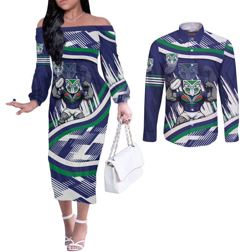 New Zealand Warriors Rugby Mascot Couples Matching Off The Shoulder Long Sleeve Dress and Long Sleeve Button Shirt Fierce Athlete Graphic in Sports Style