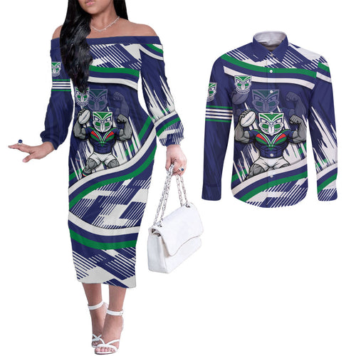 New Zealand Warriors Rugby Mascot Couples Matching Off The Shoulder Long Sleeve Dress and Long Sleeve Button Shirt Fierce Athlete Graphic in Sports Style