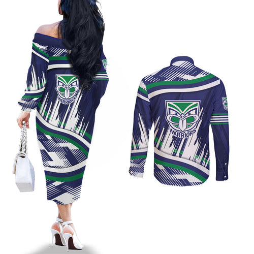 New Zealand Warriors Rugby Mascot Couples Matching Off The Shoulder Long Sleeve Dress and Long Sleeve Button Shirt Fierce Athlete Graphic in Sports Style