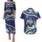 New Zealand Warriors Rugby Mascot Couples Matching Puletasi and Hawaiian Shirt Fierce Athlete Graphic in Sports Style