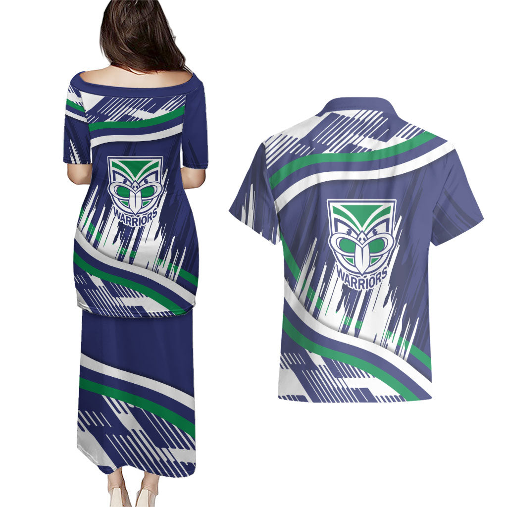 New Zealand Warriors Rugby Mascot Couples Matching Puletasi and Hawaiian Shirt Fierce Athlete Graphic in Sports Style