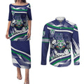 New Zealand Warriors Rugby Mascot Couples Matching Puletasi and Long Sleeve Button Shirt Fierce Athlete Graphic in Sports Style