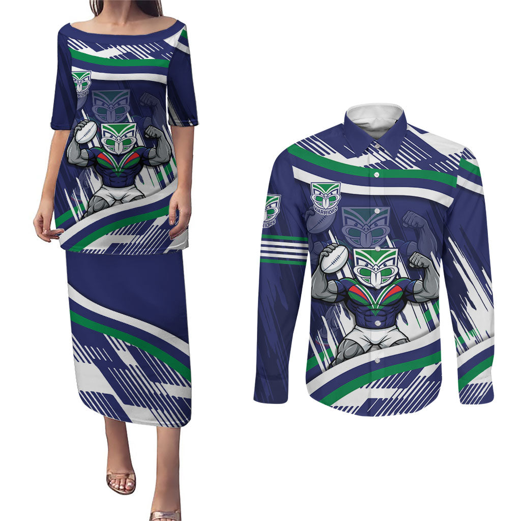 New Zealand Warriors Rugby Mascot Couples Matching Puletasi and Long Sleeve Button Shirt Fierce Athlete Graphic in Sports Style