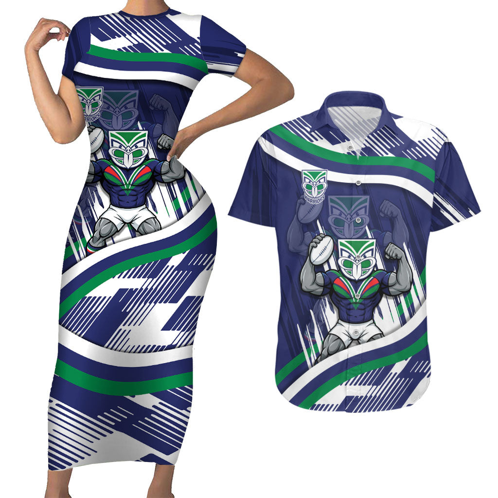 New Zealand Warriors Rugby Mascot Couples Matching Short Sleeve Bodycon Dress and Hawaiian Shirt Fierce Athlete Graphic in Sports Style