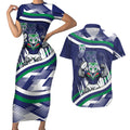 New Zealand Warriors Rugby Mascot Couples Matching Short Sleeve Bodycon Dress and Hawaiian Shirt Fierce Athlete Graphic in Sports Style