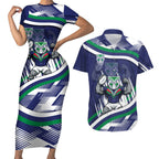 New Zealand Warriors Rugby Mascot Couples Matching Short Sleeve Bodycon Dress and Hawaiian Shirt Fierce Athlete Graphic in Sports Style