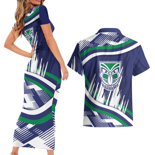New Zealand Warriors Rugby Mascot Couples Matching Short Sleeve Bodycon Dress and Hawaiian Shirt Fierce Athlete Graphic in Sports Style