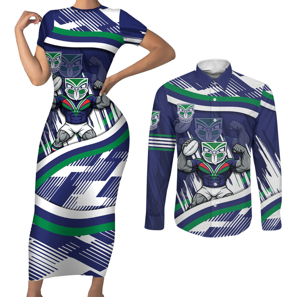 New Zealand Warriors Rugby Mascot Couples Matching Short Sleeve Bodycon Dress and Long Sleeve Button Shirt Fierce Athlete Graphic in Sports Style