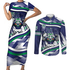 New Zealand Warriors Rugby Mascot Couples Matching Short Sleeve Bodycon Dress and Long Sleeve Button Shirt Fierce Athlete Graphic in Sports Style