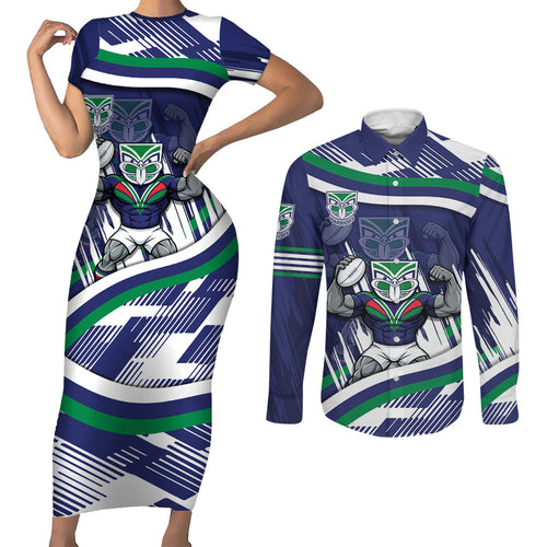New Zealand Warriors Rugby Mascot Couples Matching Short Sleeve Bodycon Dress and Long Sleeve Button Shirt Fierce Athlete Graphic in Sports Style