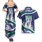 New Zealand Warriors Rugby Mascot Couples Matching Summer Maxi Dress and Hawaiian Shirt Fierce Athlete Graphic in Sports Style