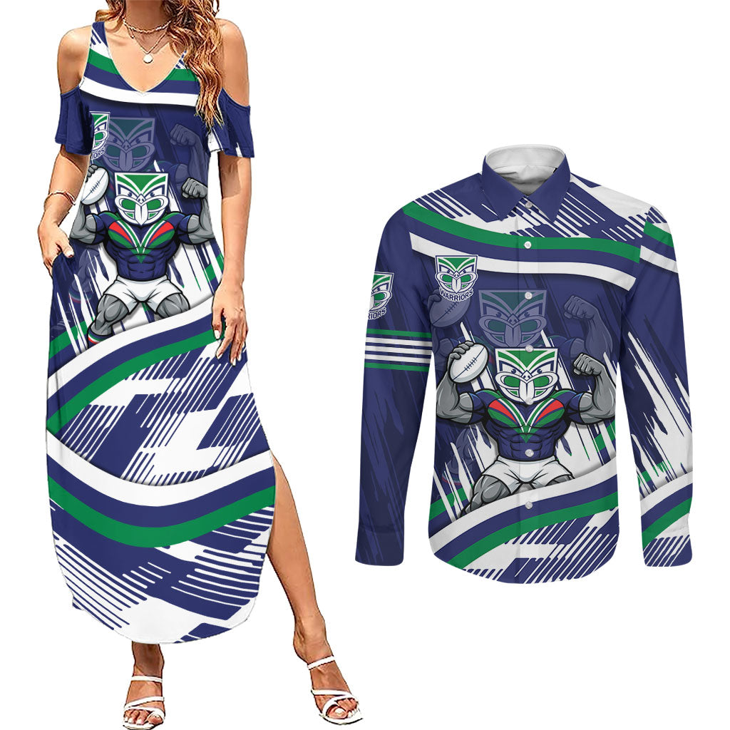 New Zealand Warriors Rugby Mascot Couples Matching Summer Maxi Dress and Long Sleeve Button Shirt Fierce Athlete Graphic in Sports Style