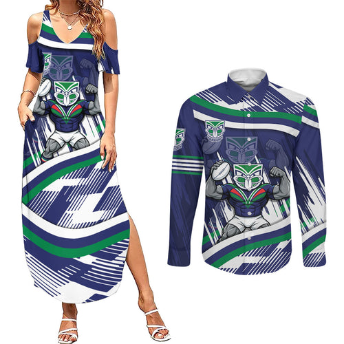 New Zealand Warriors Rugby Mascot Couples Matching Summer Maxi Dress and Long Sleeve Button Shirt Fierce Athlete Graphic in Sports Style