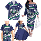 New Zealand Warriors Rugby Mascot Family Matching Off The Shoulder Long Sleeve Dress and Hawaiian Shirt Fierce Athlete Graphic in Sports Style