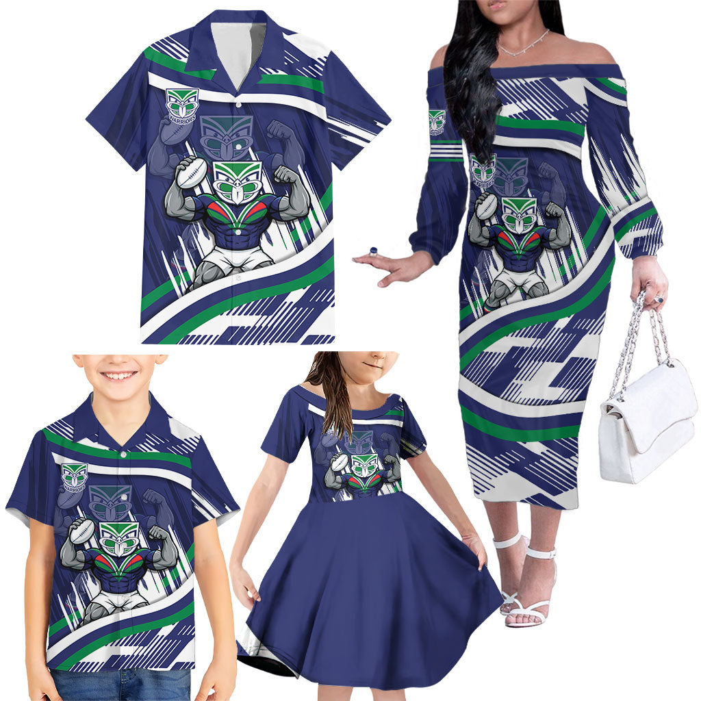 New Zealand Warriors Rugby Mascot Family Matching Off The Shoulder Long Sleeve Dress and Hawaiian Shirt Fierce Athlete Graphic in Sports Style
