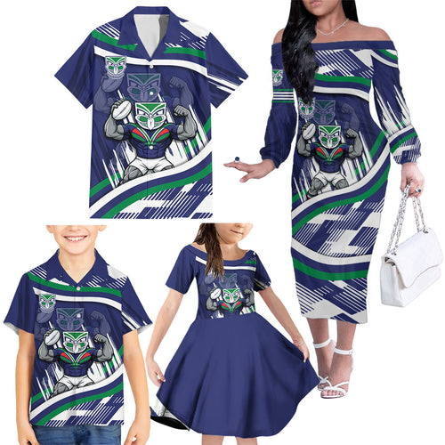 New Zealand Warriors Rugby Mascot Family Matching Off The Shoulder Long Sleeve Dress and Hawaiian Shirt Fierce Athlete Graphic in Sports Style