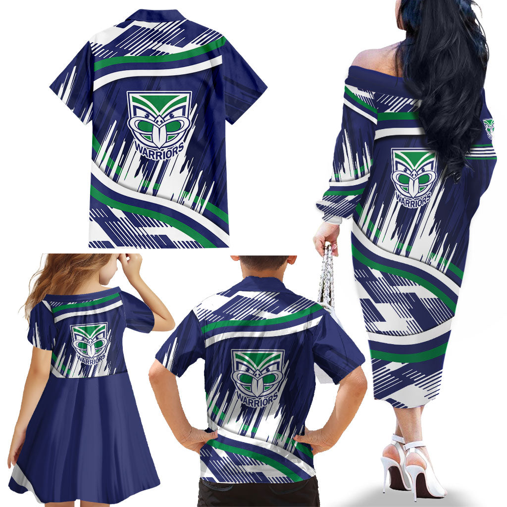 New Zealand Warriors Rugby Mascot Family Matching Off The Shoulder Long Sleeve Dress and Hawaiian Shirt Fierce Athlete Graphic in Sports Style
