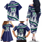 New Zealand Warriors Rugby Mascot Family Matching Off The Shoulder Long Sleeve Dress and Hawaiian Shirt Fierce Athlete Graphic in Sports Style