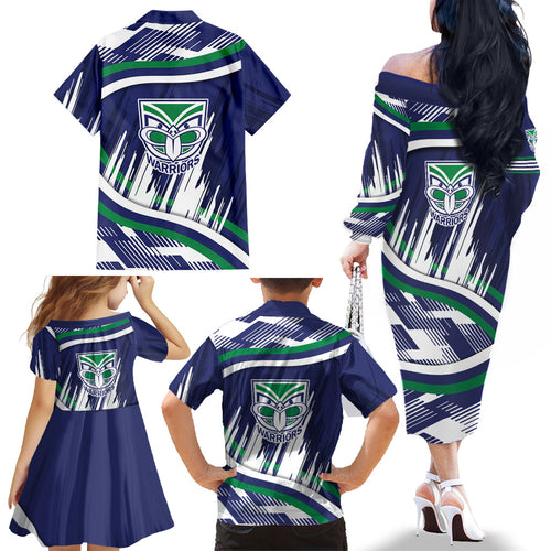 New Zealand Warriors Rugby Mascot Family Matching Off The Shoulder Long Sleeve Dress and Hawaiian Shirt Fierce Athlete Graphic in Sports Style