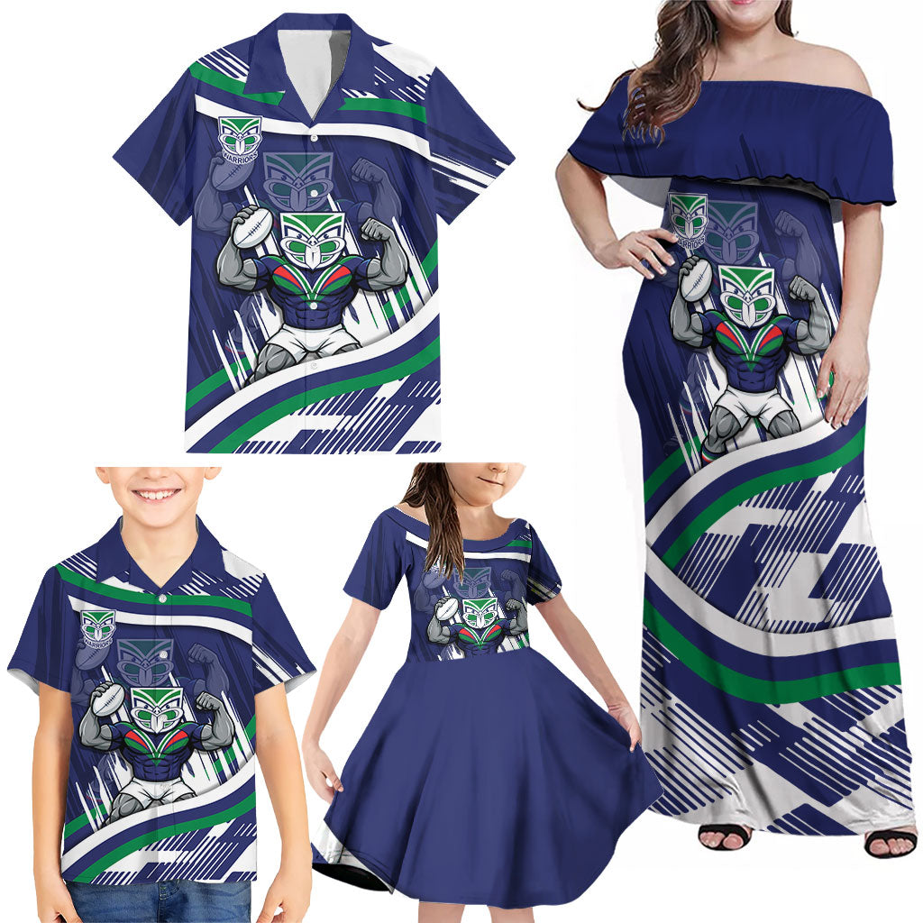 New Zealand Warriors Rugby Mascot Family Matching Off Shoulder Maxi Dress and Hawaiian Shirt Fierce Athlete Graphic in Sports Style