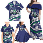New Zealand Warriors Rugby Mascot Family Matching Off Shoulder Maxi Dress and Hawaiian Shirt Fierce Athlete Graphic in Sports Style