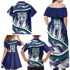 New Zealand Warriors Rugby Mascot Family Matching Off Shoulder Maxi Dress and Hawaiian Shirt Fierce Athlete Graphic in Sports Style