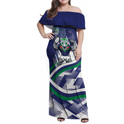 New Zealand Warriors Rugby Mascot Family Matching Off Shoulder Maxi Dress and Hawaiian Shirt Fierce Athlete Graphic in Sports Style