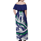 New Zealand Warriors Rugby Mascot Family Matching Off Shoulder Maxi Dress and Hawaiian Shirt Fierce Athlete Graphic in Sports Style