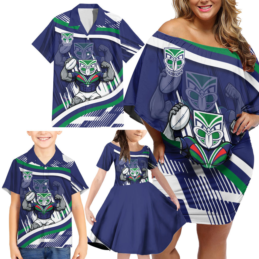 New Zealand Warriors Rugby Mascot Family Matching Off Shoulder Short Dress and Hawaiian Shirt Fierce Athlete Graphic in Sports Style