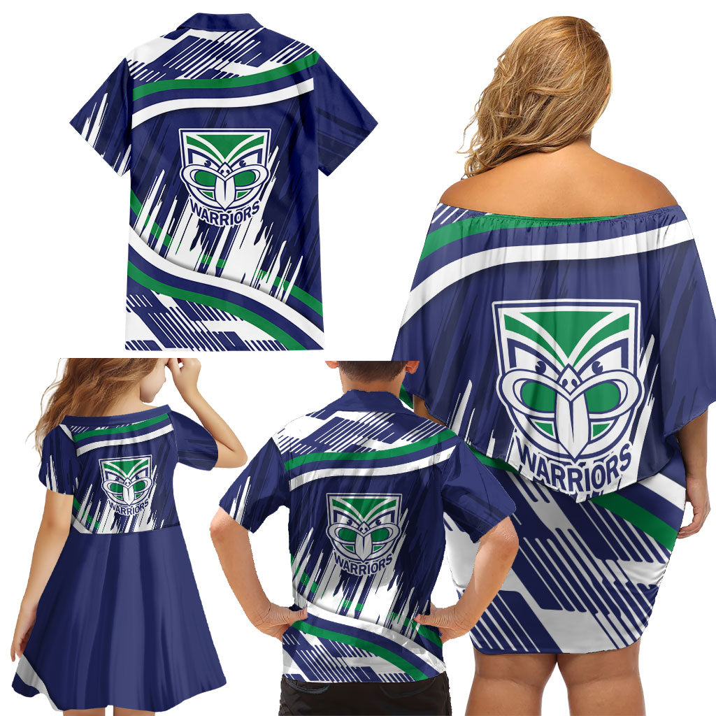 New Zealand Warriors Rugby Mascot Family Matching Off Shoulder Short Dress and Hawaiian Shirt Fierce Athlete Graphic in Sports Style