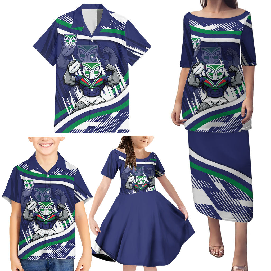 New Zealand Warriors Rugby Mascot Family Matching Puletasi and Hawaiian Shirt Fierce Athlete Graphic in Sports Style