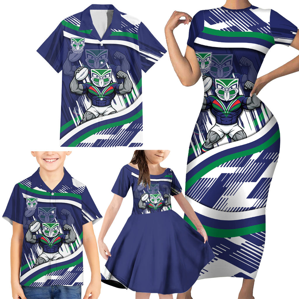 New Zealand Warriors Rugby Mascot Family Matching Short Sleeve Bodycon Dress and Hawaiian Shirt Fierce Athlete Graphic in Sports Style