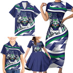 New Zealand Warriors Rugby Mascot Family Matching Short Sleeve Bodycon Dress and Hawaiian Shirt Fierce Athlete Graphic in Sports Style
