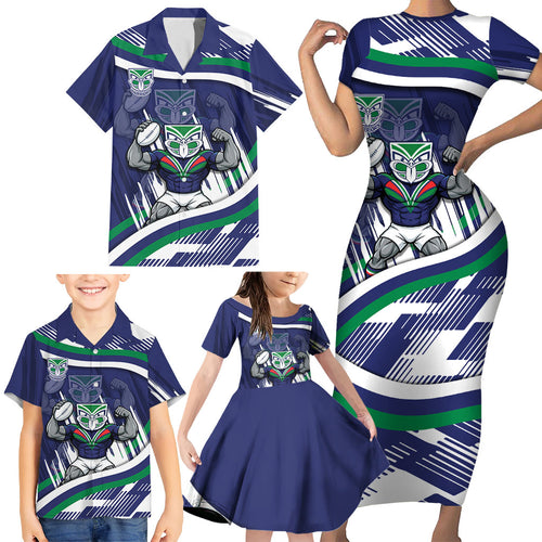 New Zealand Warriors Rugby Mascot Family Matching Short Sleeve Bodycon Dress and Hawaiian Shirt Fierce Athlete Graphic in Sports Style