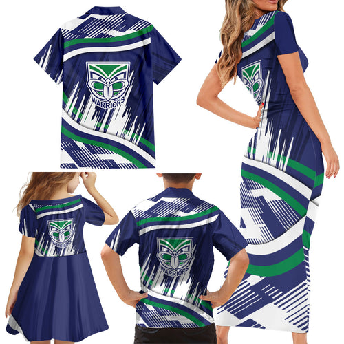 New Zealand Warriors Rugby Mascot Family Matching Short Sleeve Bodycon Dress and Hawaiian Shirt Fierce Athlete Graphic in Sports Style
