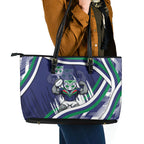 New Zealand Warriors Rugby Mascot Leather Tote Bag Fierce Athlete Graphic in Sports Style