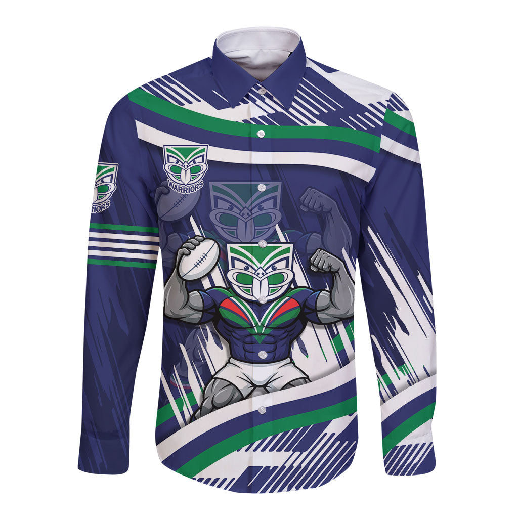 New Zealand Warriors Rugby Mascot Long Sleeve Button Shirt Fierce Athlete Graphic in Sports Style