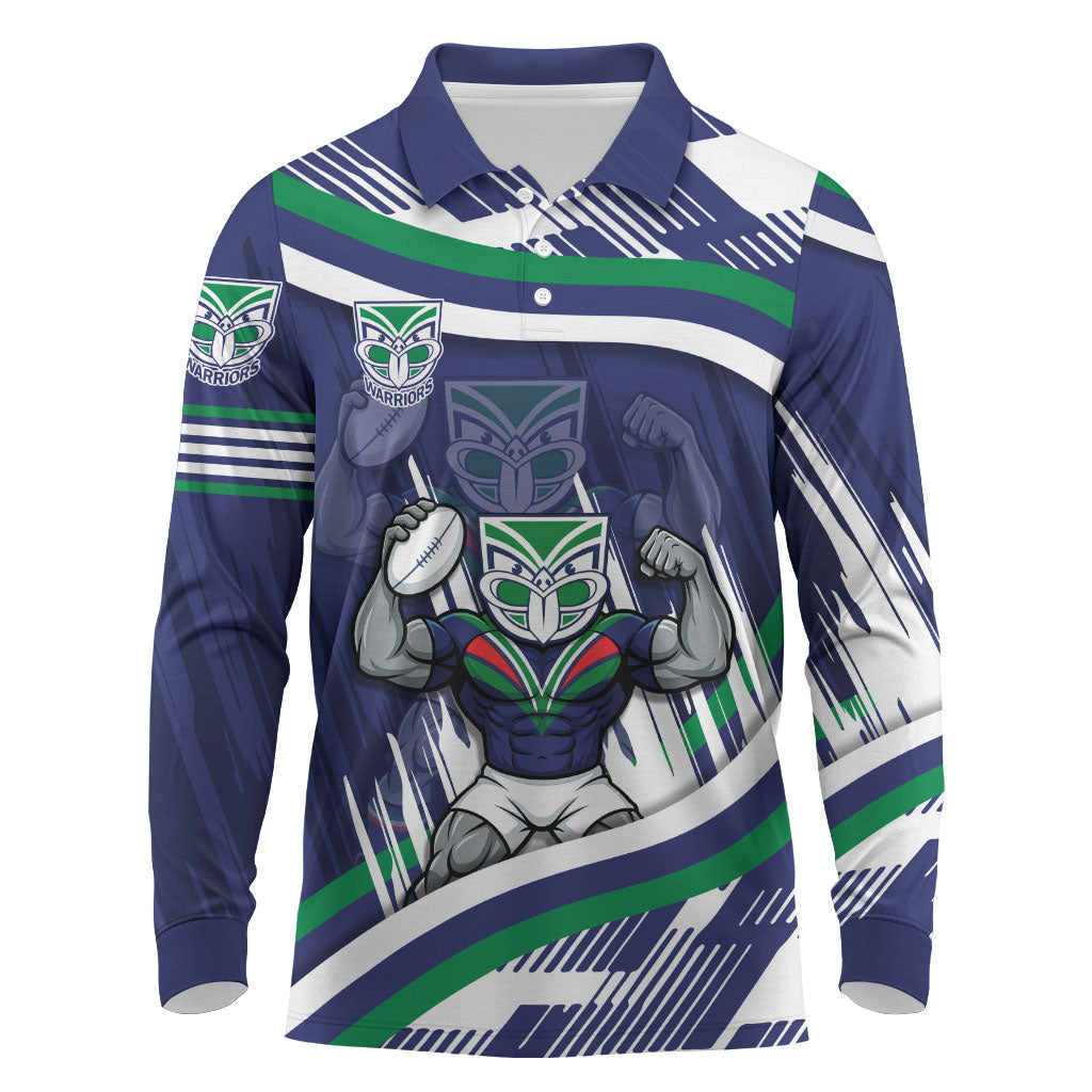 New Zealand Warriors Rugby Mascot Long Sleeve Polo Shirt Fierce Athlete Graphic in Sports Style
