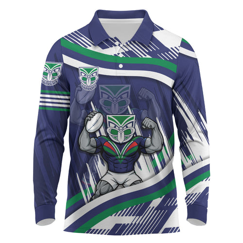 New Zealand Warriors Rugby Mascot Long Sleeve Polo Shirt Fierce Athlete Graphic in Sports Style