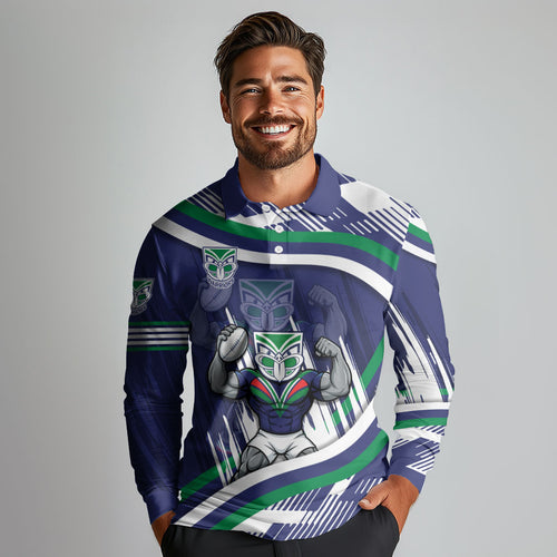 New Zealand Warriors Rugby Mascot Long Sleeve Polo Shirt Fierce Athlete Graphic in Sports Style