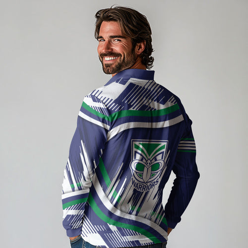 New Zealand Warriors Rugby Mascot Long Sleeve Polo Shirt Fierce Athlete Graphic in Sports Style