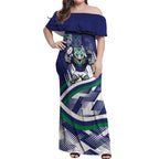 New Zealand Warriors Rugby Mascot Off Shoulder Maxi Dress Fierce Athlete Graphic in Sports Style