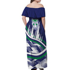 New Zealand Warriors Rugby Mascot Off Shoulder Maxi Dress Fierce Athlete Graphic in Sports Style