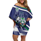 New Zealand Warriors Rugby Mascot Off Shoulder Short Dress Fierce Athlete Graphic in Sports Style