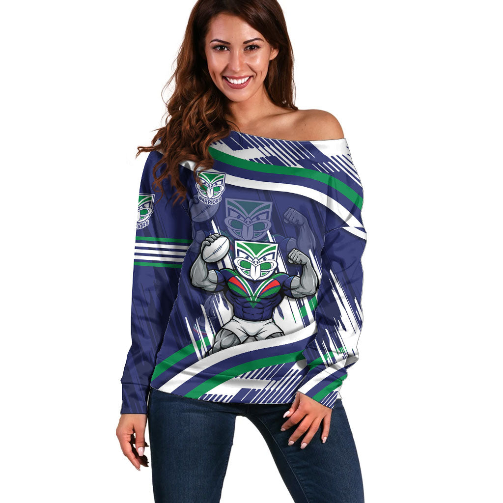 New Zealand Warriors Rugby Mascot Off Shoulder Sweater Fierce Athlete Graphic in Sports Style
