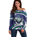 New Zealand Warriors Rugby Mascot Off Shoulder Sweater Fierce Athlete Graphic in Sports Style