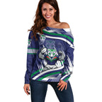 New Zealand Warriors Rugby Mascot Off Shoulder Sweater Fierce Athlete Graphic in Sports Style