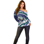 New Zealand Warriors Rugby Mascot Off Shoulder Sweater Fierce Athlete Graphic in Sports Style